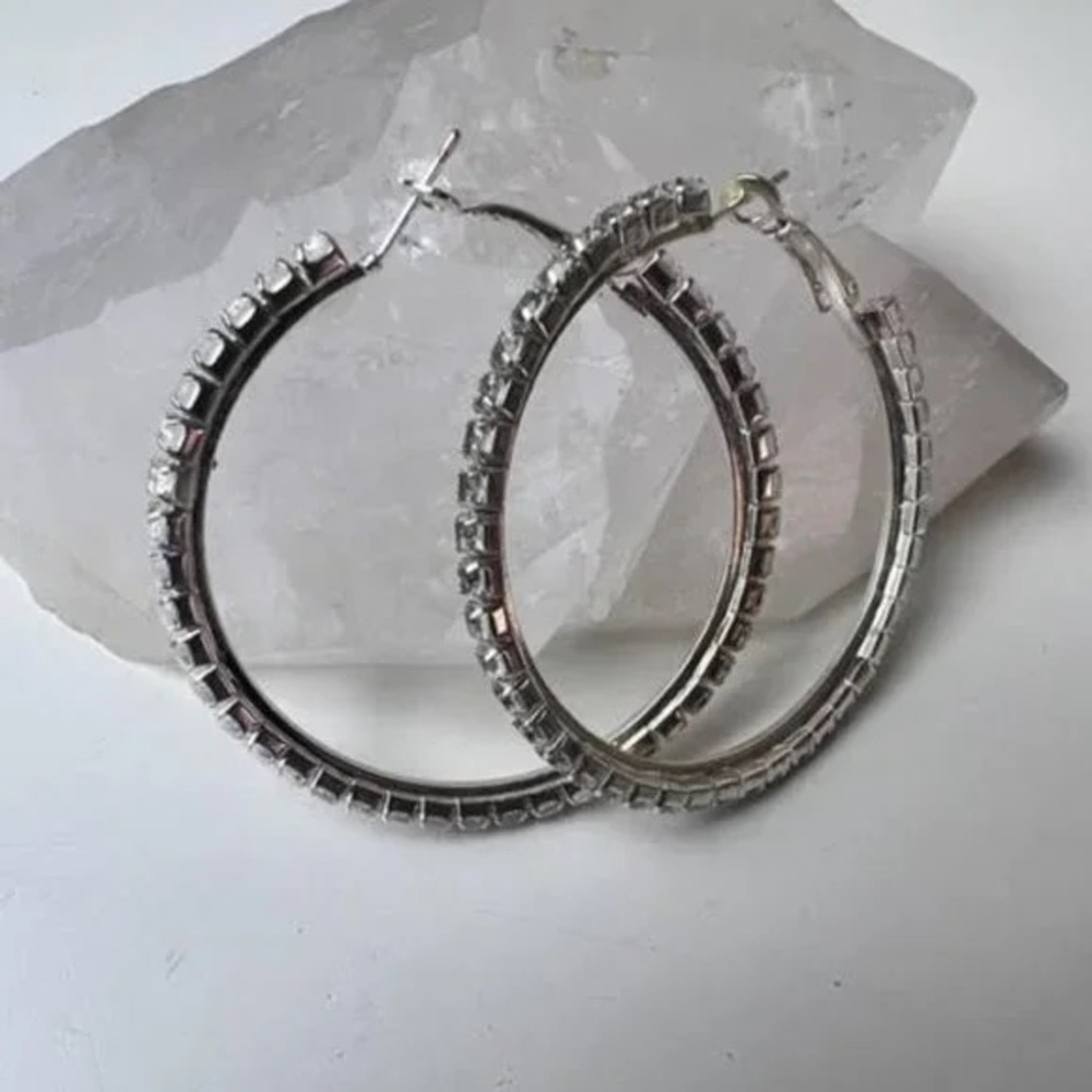 Silver Rhinestone Hoop Earrings - Picture 4 of 5
